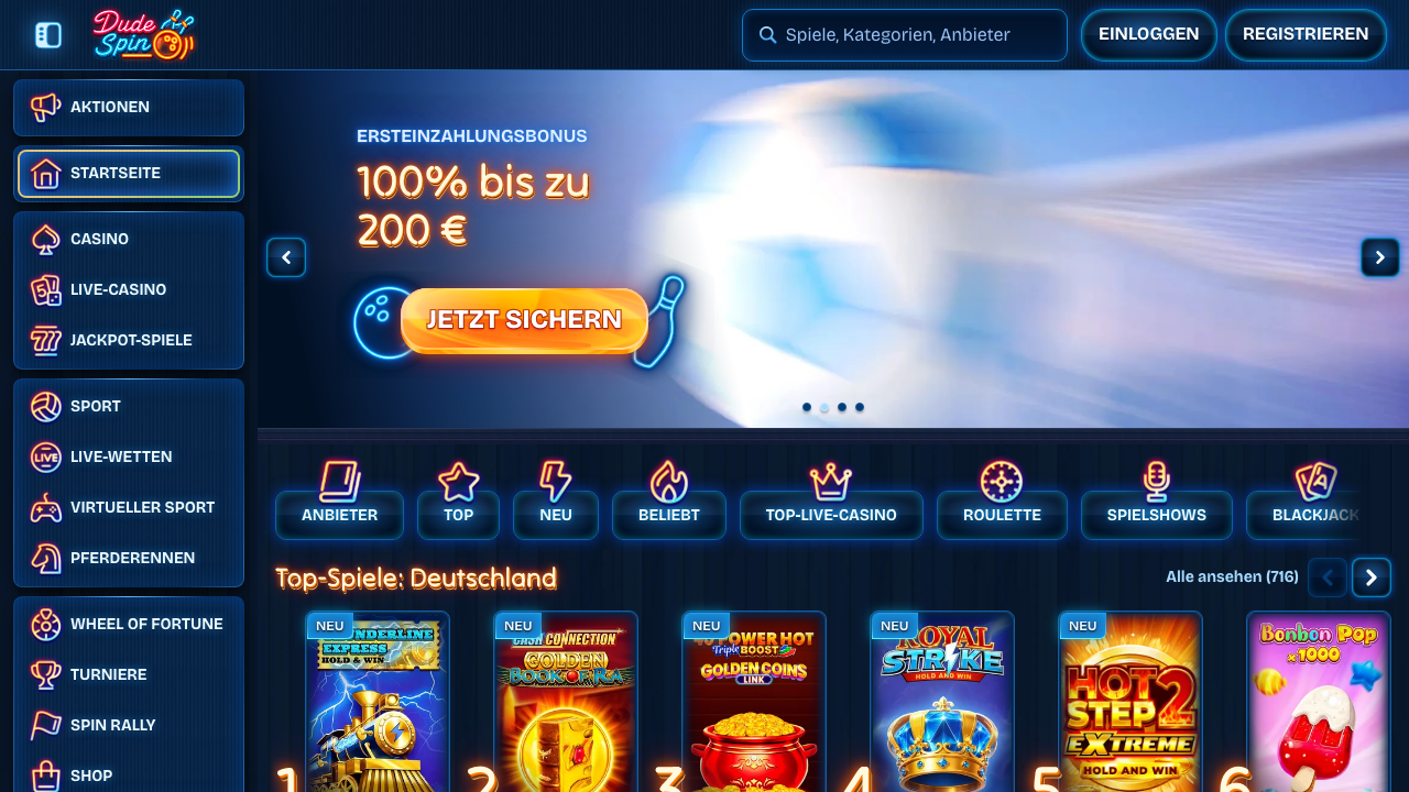 Zrzut ekranu strony głównej DudeSpin Casino